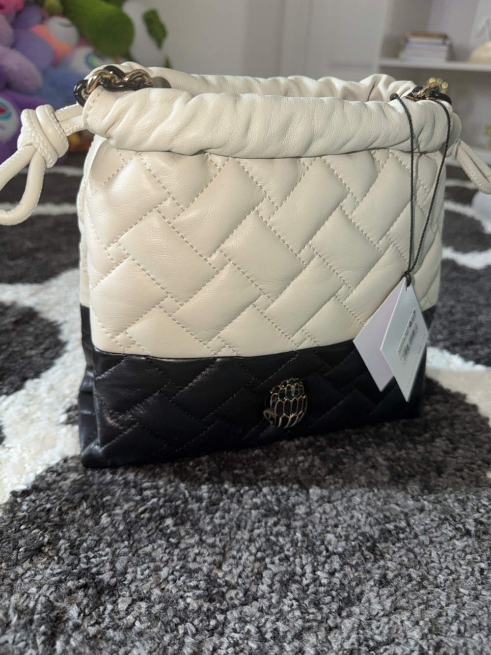 Kurt Geiger LEATHER Cream and Black Quilted Drawstring - 2 Chain Straps. NWT